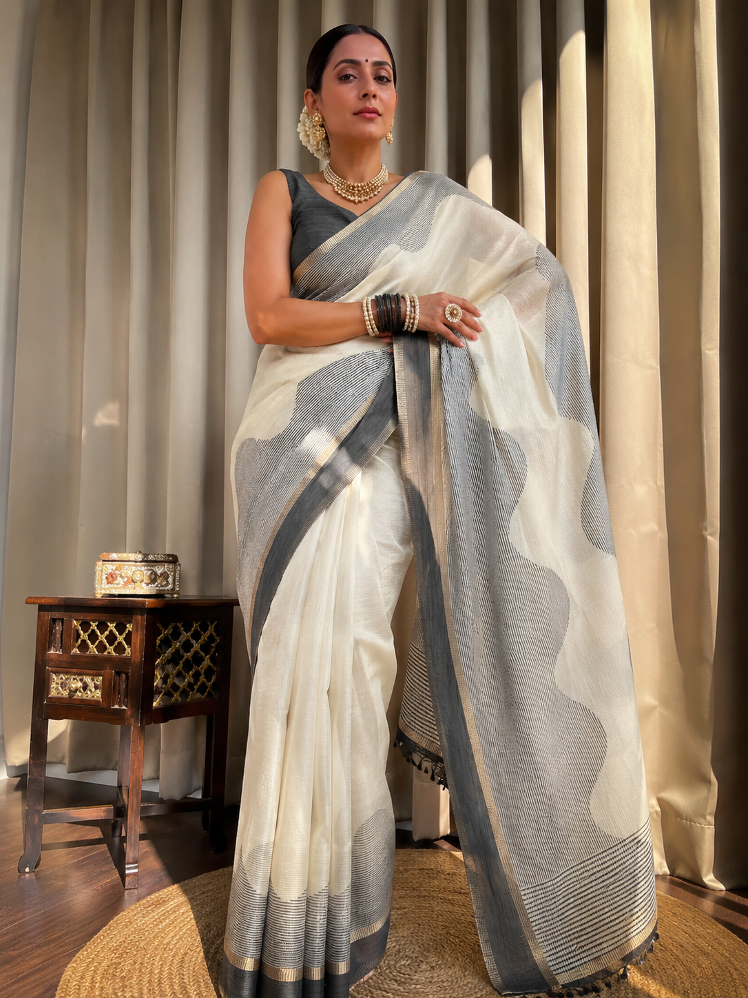 Linen Cotton Saree with Zari Border
