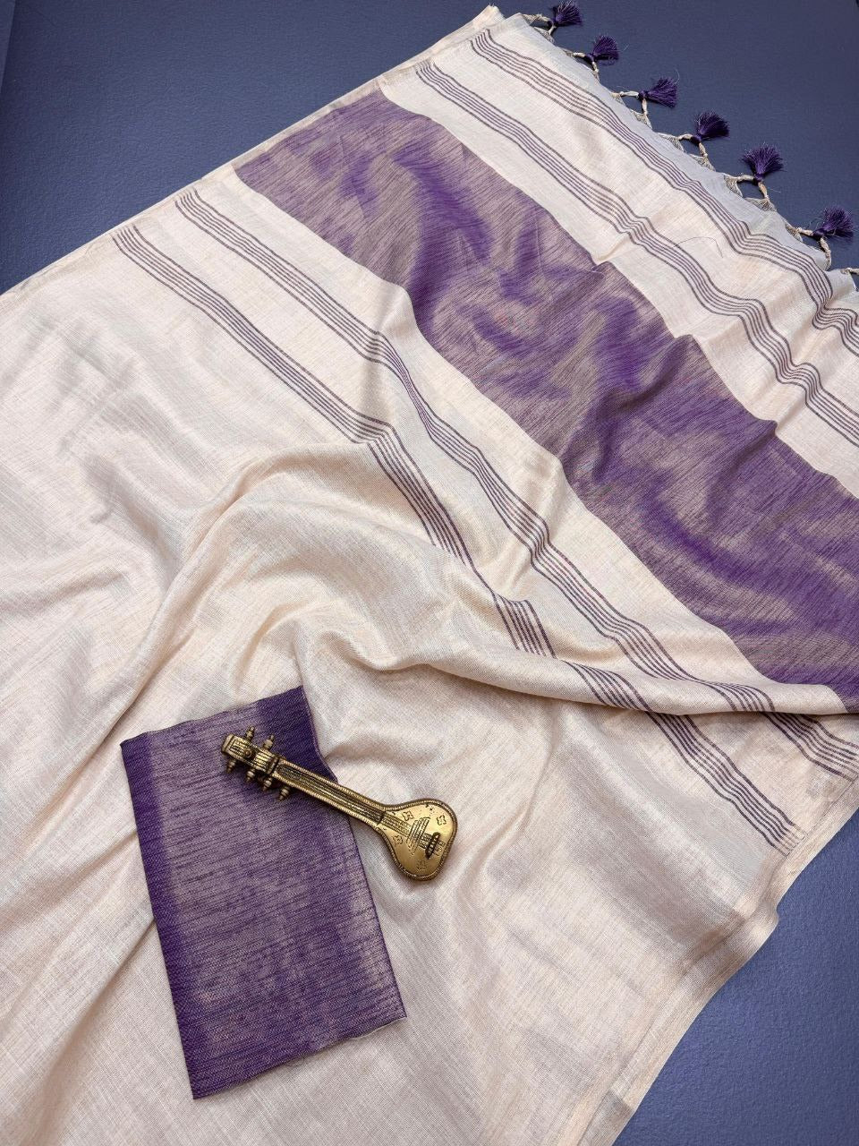 Off white with purple accents striped Pallu mysore silk fabric  with tassels  